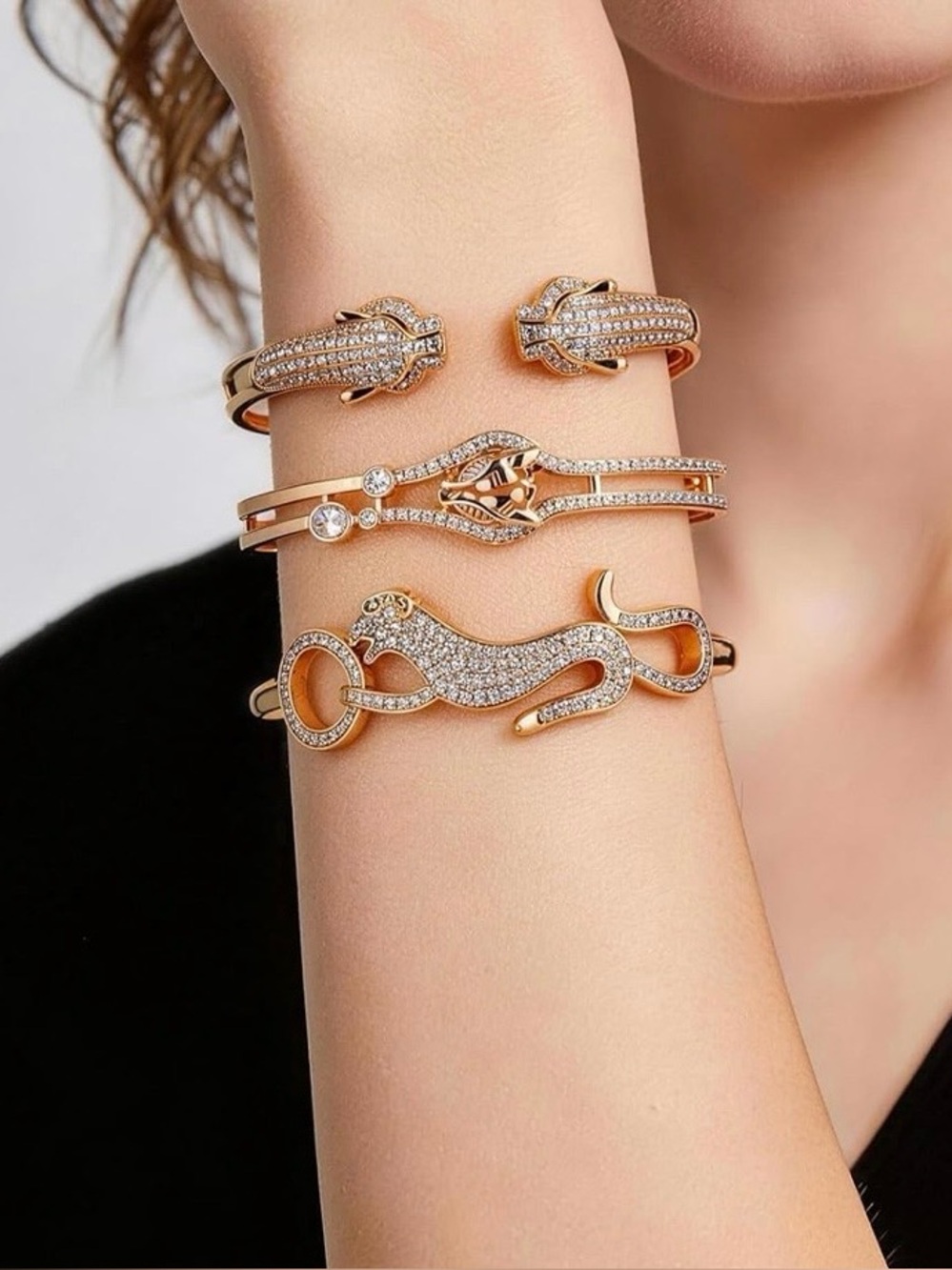 Anthropologie Rose Gold Crystal Panther Stackable Bangle Set